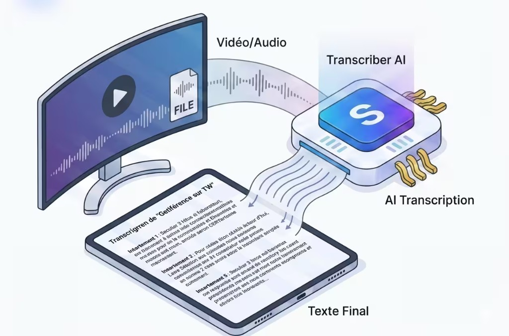 ScribeChrono Chrome extension workflow: video and audio files transcribed by AI into final text